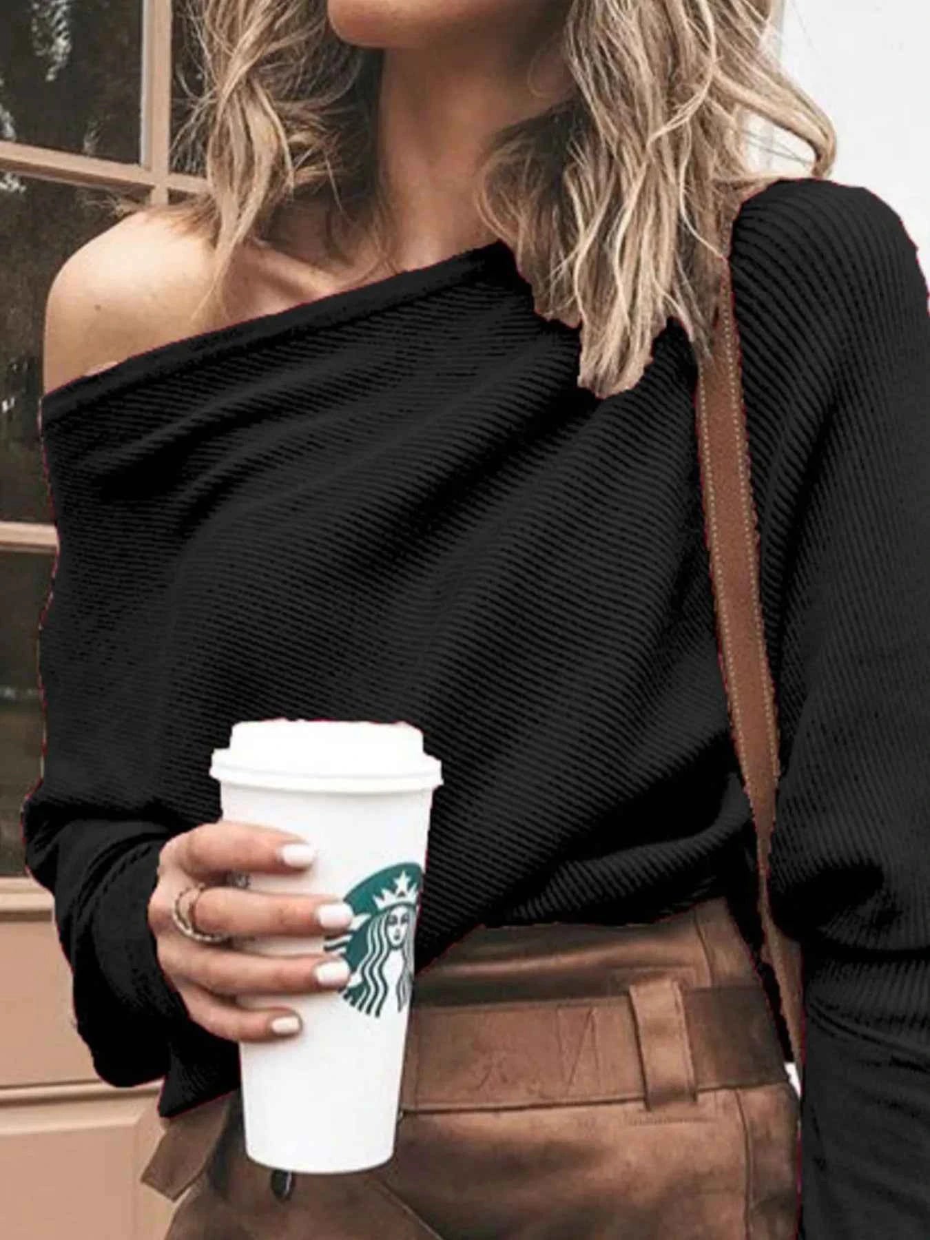 Full Size One-Shoulder Ribbed Sweater Plus Size.