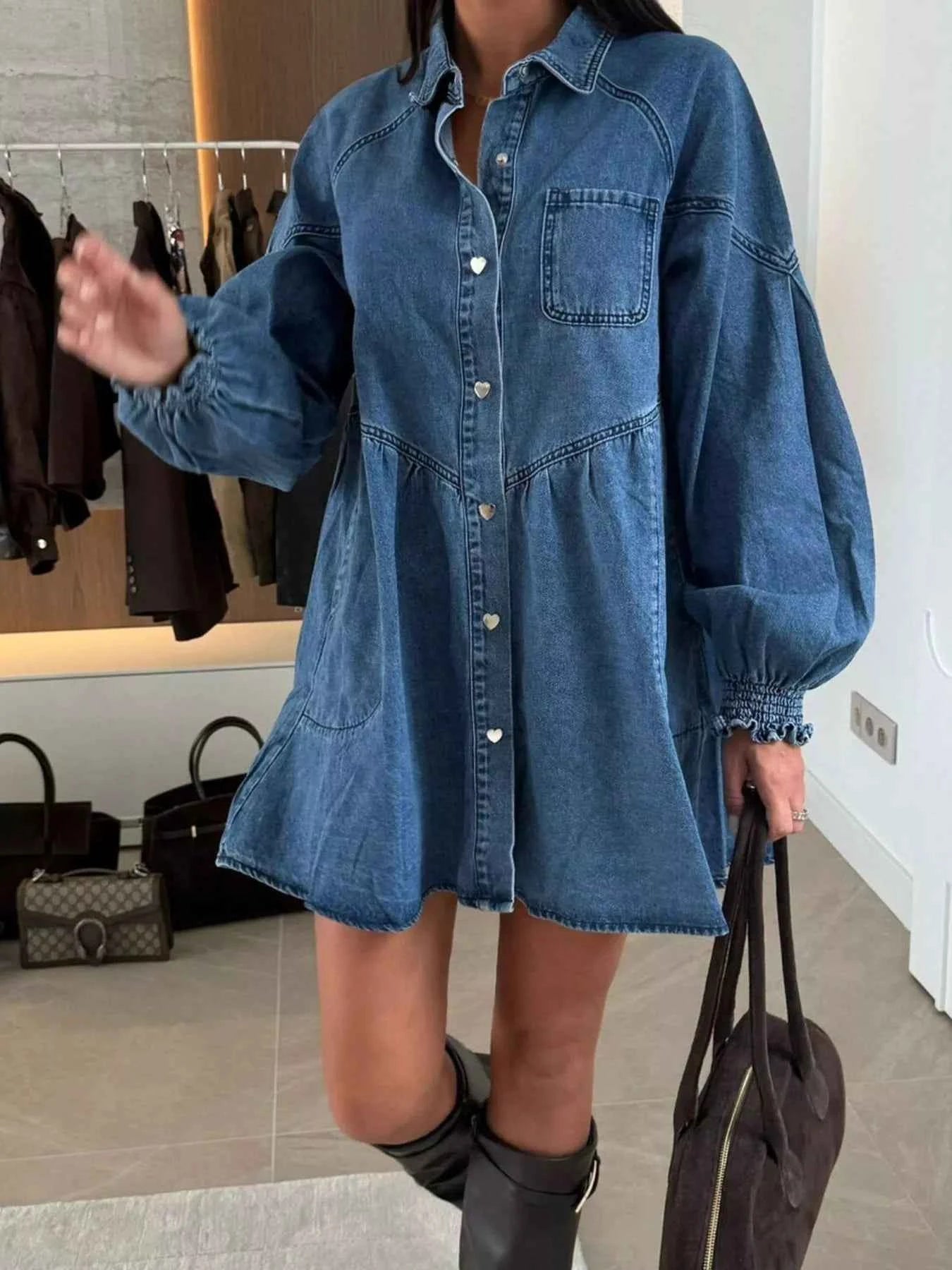 Button Down Mini Denim Dress with Front Pockets