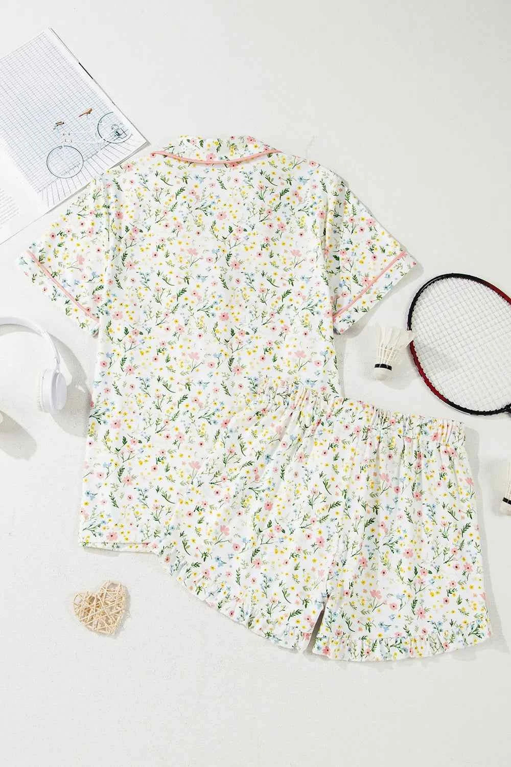 Button Up Short Sleeve Top and Shorts Lounge Set