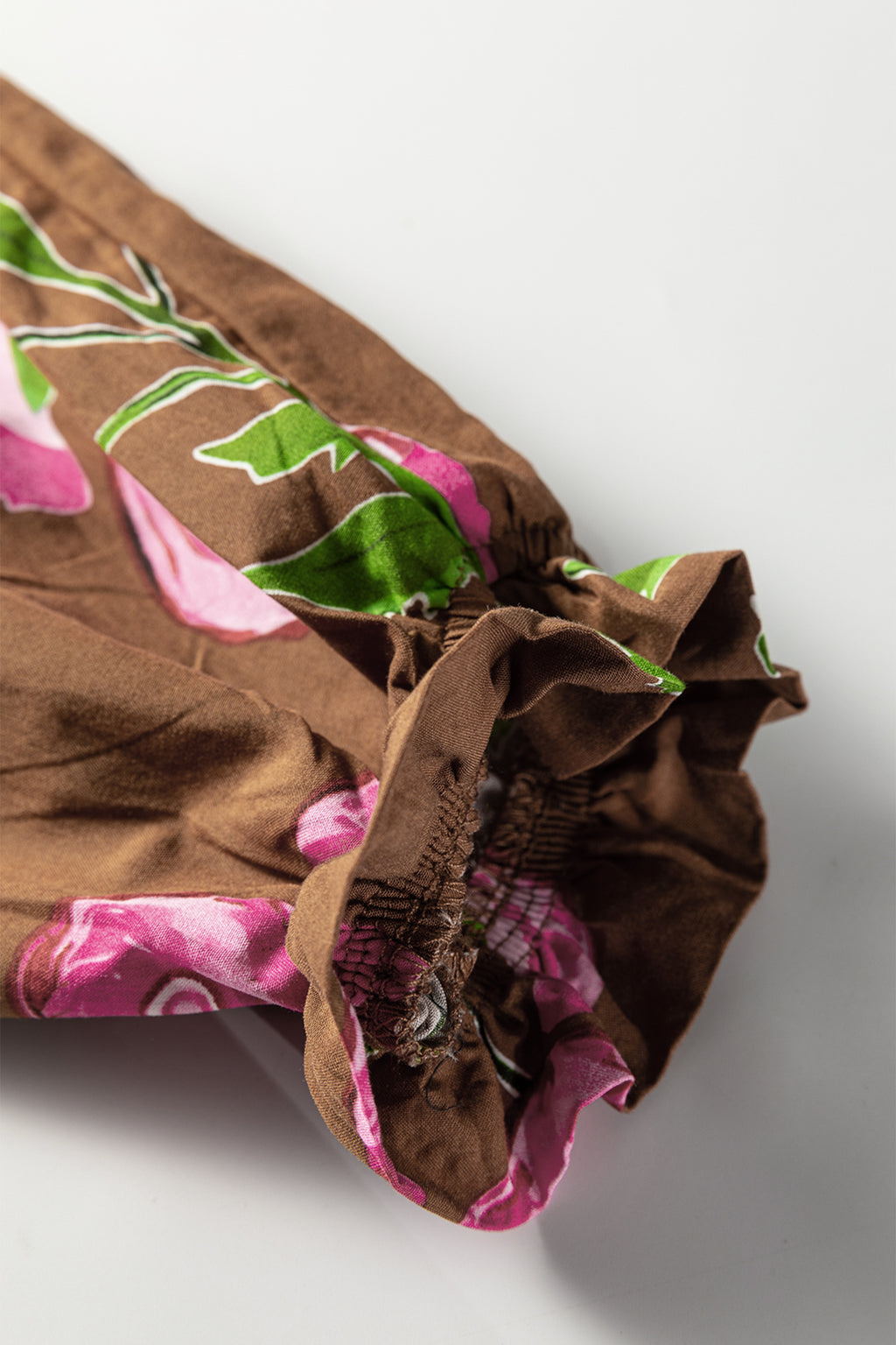 Brown Contrast Floral Print Babydoll Tunic Ruffled Hem Puff Sleeve Dress