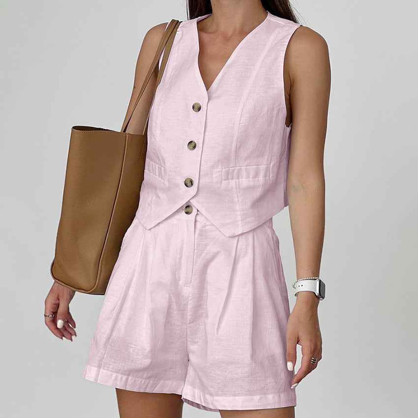 French-style Cotton-linen V-neck Sleeveless Minimalist Solid-color Set