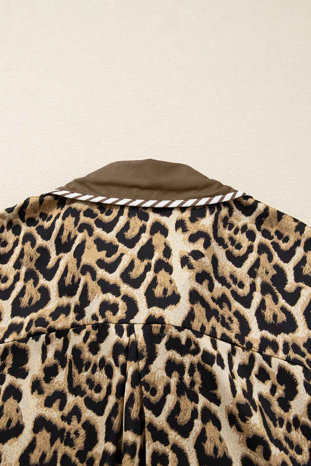 Brown Leopard Collared 3/4 Sleeve Shirt and Loose Pants Two Piece Outfit Set