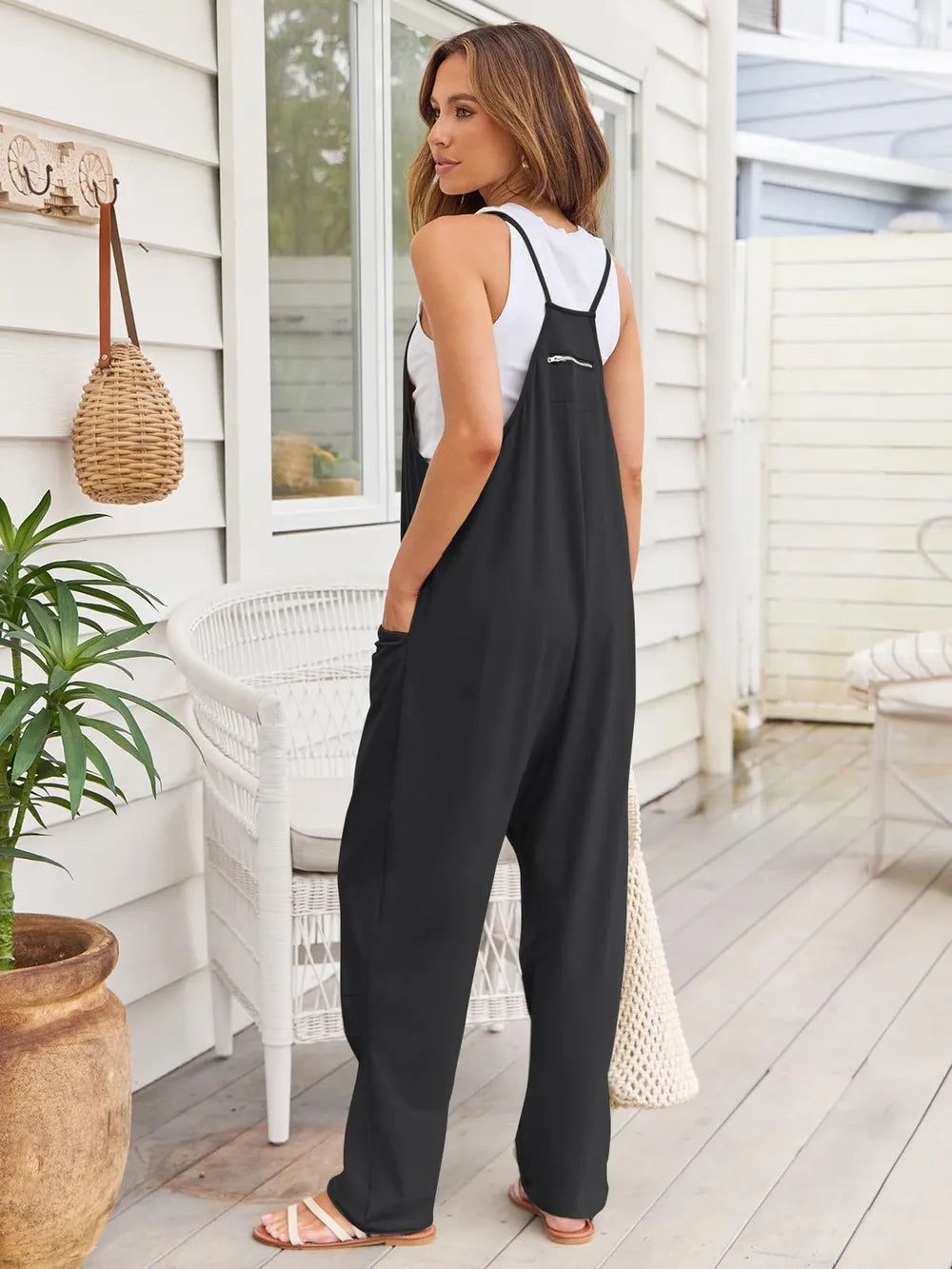 V-Neck Spaghetti Strap Jumpsuit - CHIC TB
