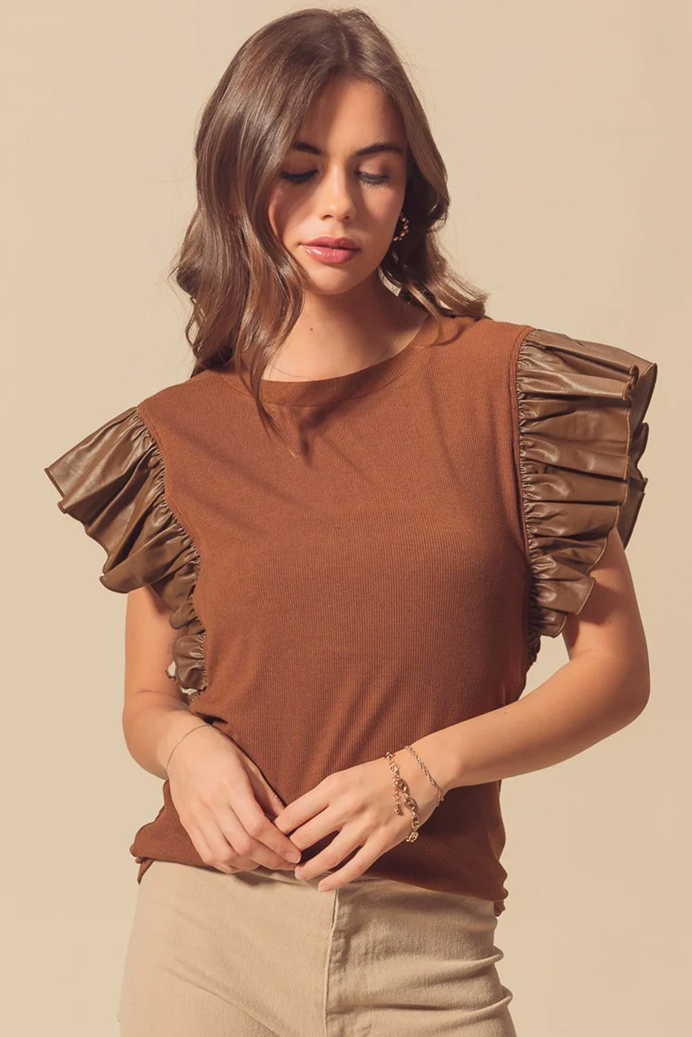 Cinnamon Leather Ruffle Sleeve Patchwork Round Neck Blouse Dear-Lover Dropshipping