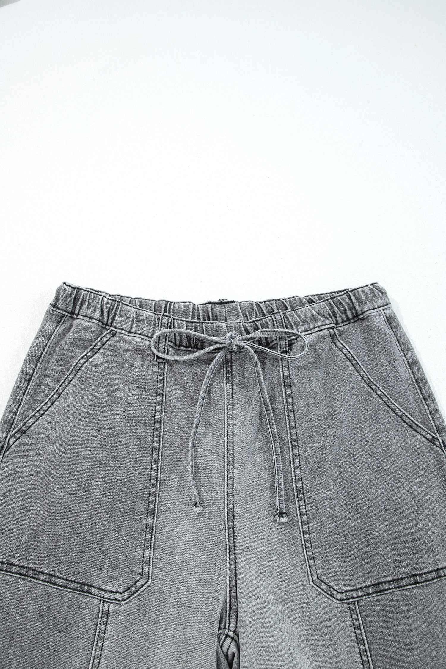 Gray Drawstring Seam Detail Raw Hem Wide Leg Denim Pants