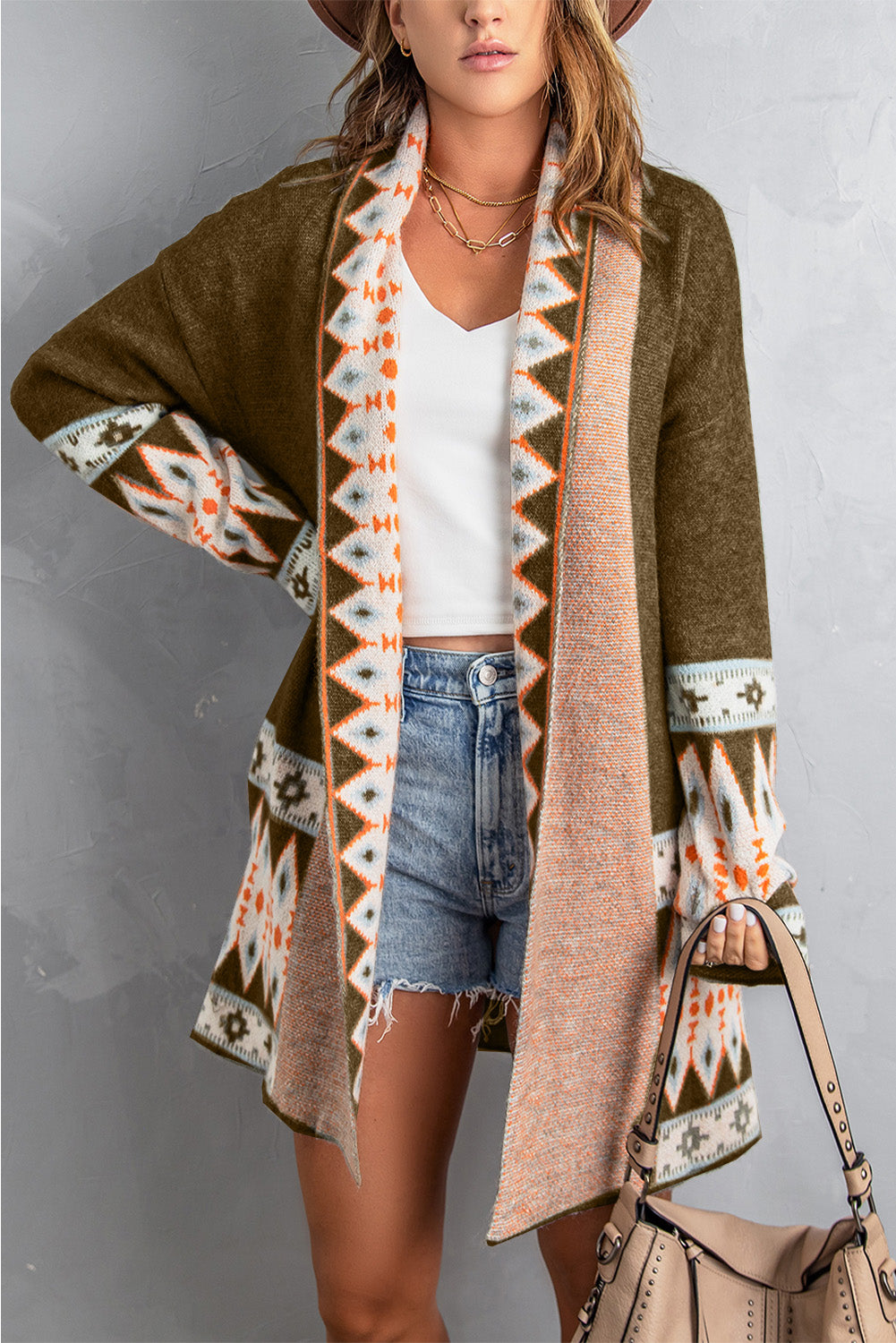 Brown Aztec Print Open Front Knitted Cardigan Dear-Lover Dropshipping