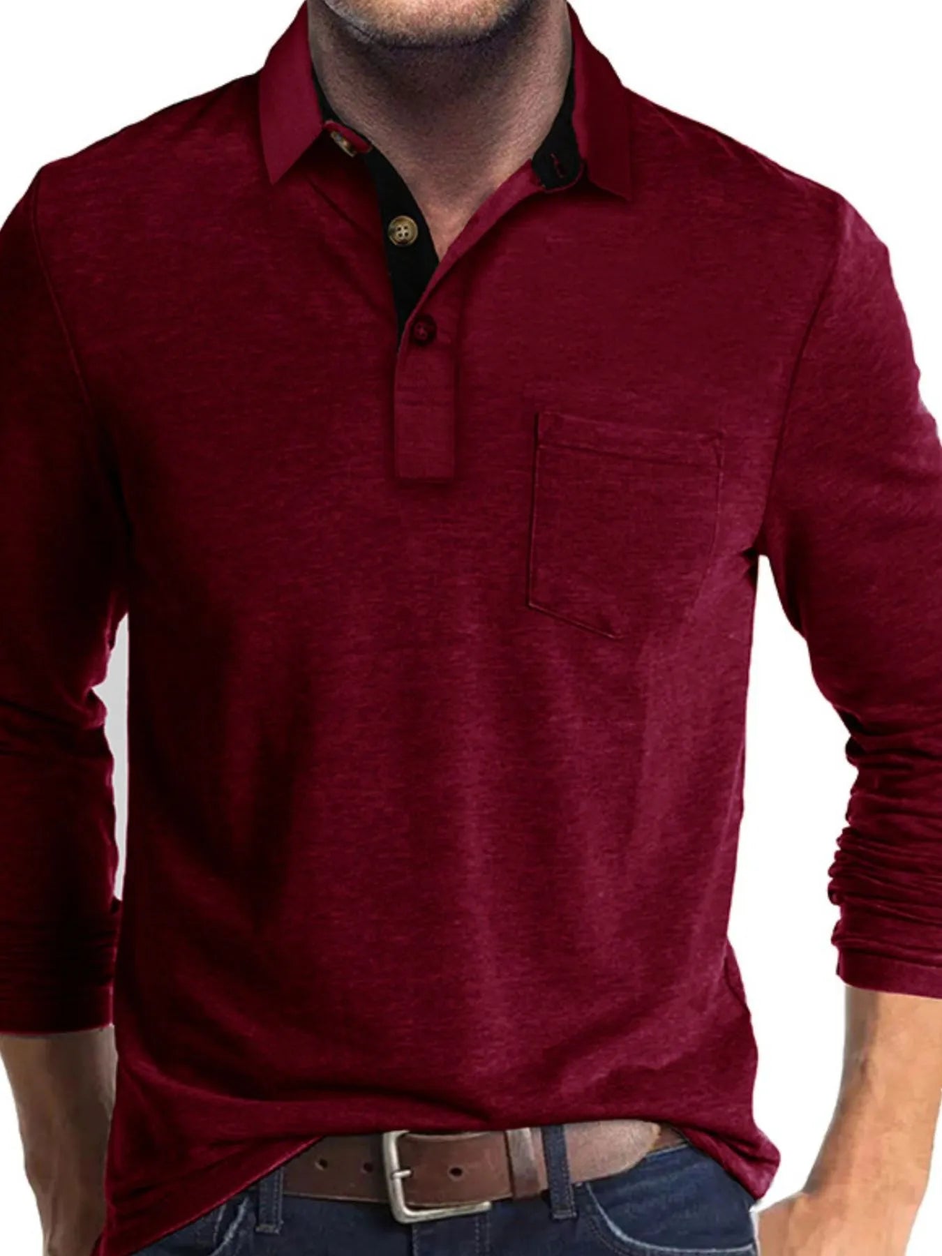 Men's Full Size Long Sleeve Pocket Polo Shirt Plus Size.