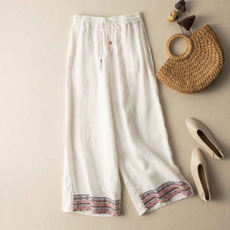 Draping Cotton And Linen Embroidered Wide-leg Pants