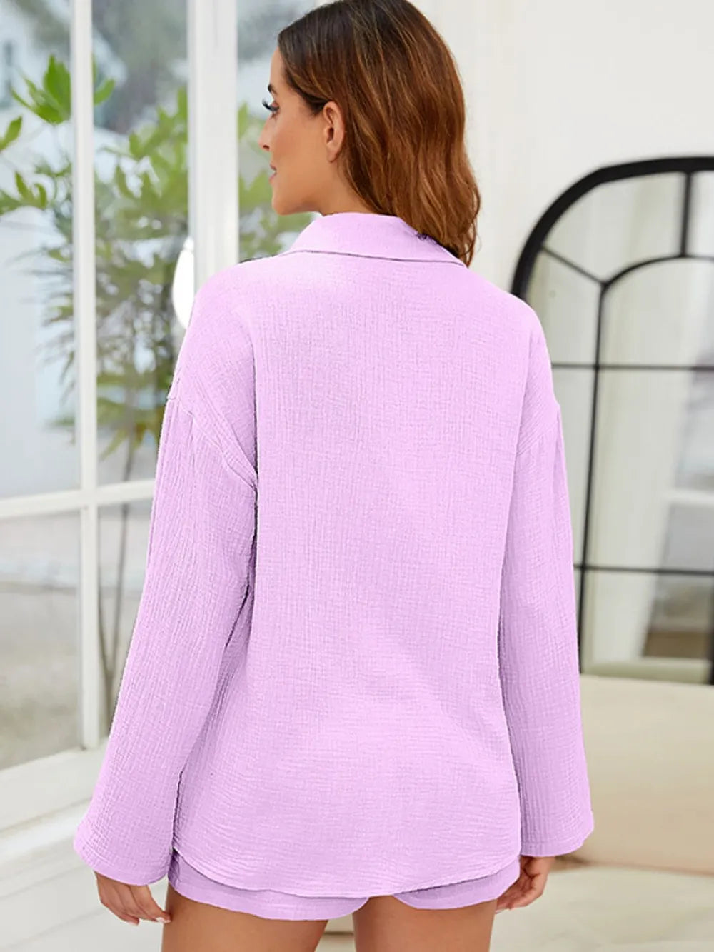 Button Up Long Sleeve Top and Shorts Set - CHIC TB