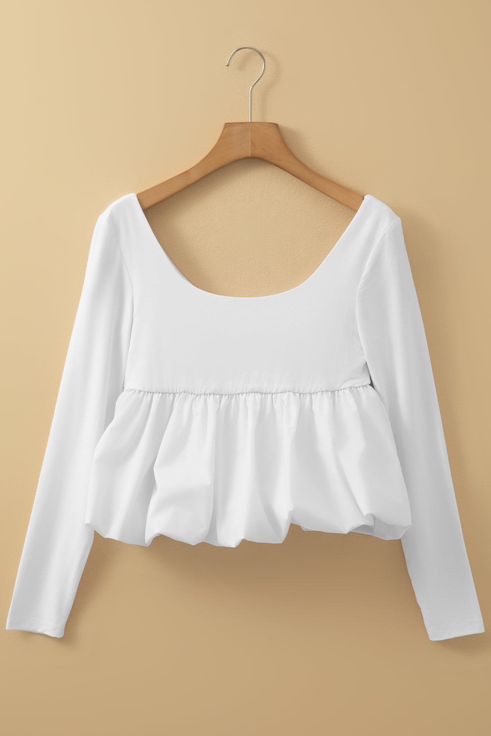 White U Neck Long Sleeve Bubble Hem Top Dear-Lover Dropshipping