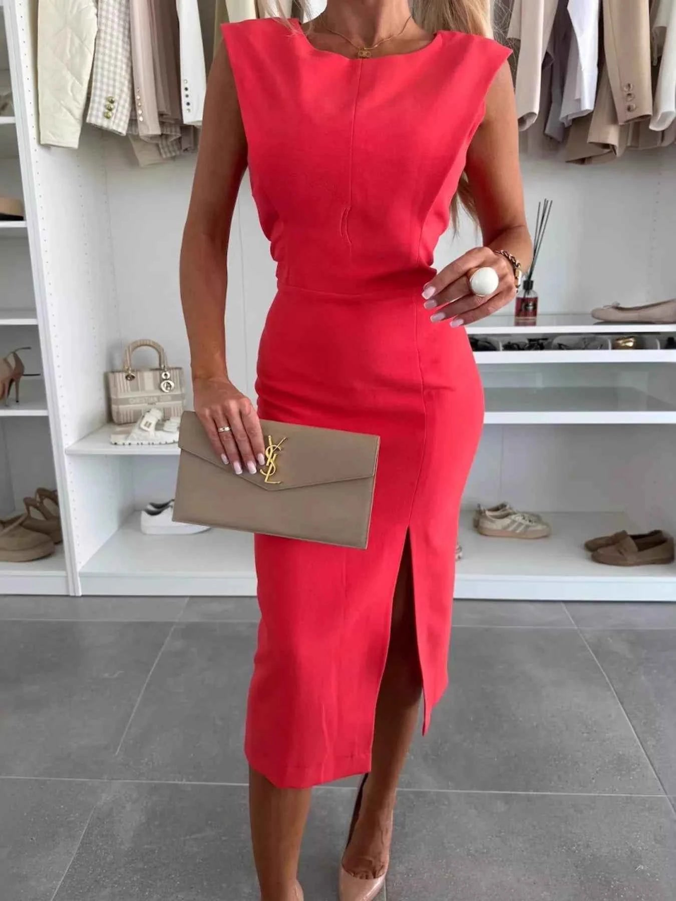 Full Size Slit Round Neck Sleeveless Dress Plus Size.