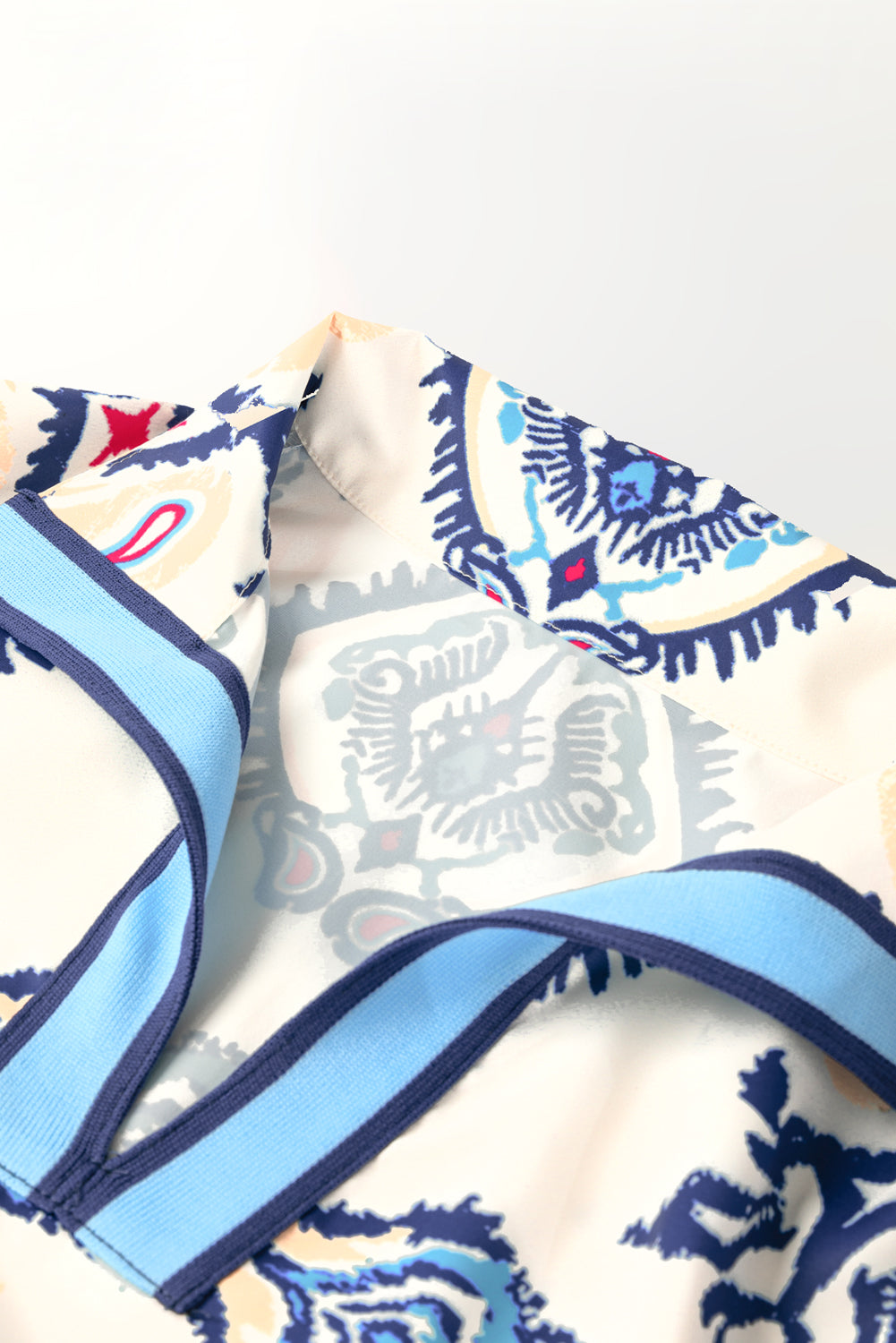 Blue Ethnic Print Striped Split Neck Long Sleeve Flowy Mini Dress Dear-Lover Dropshipping