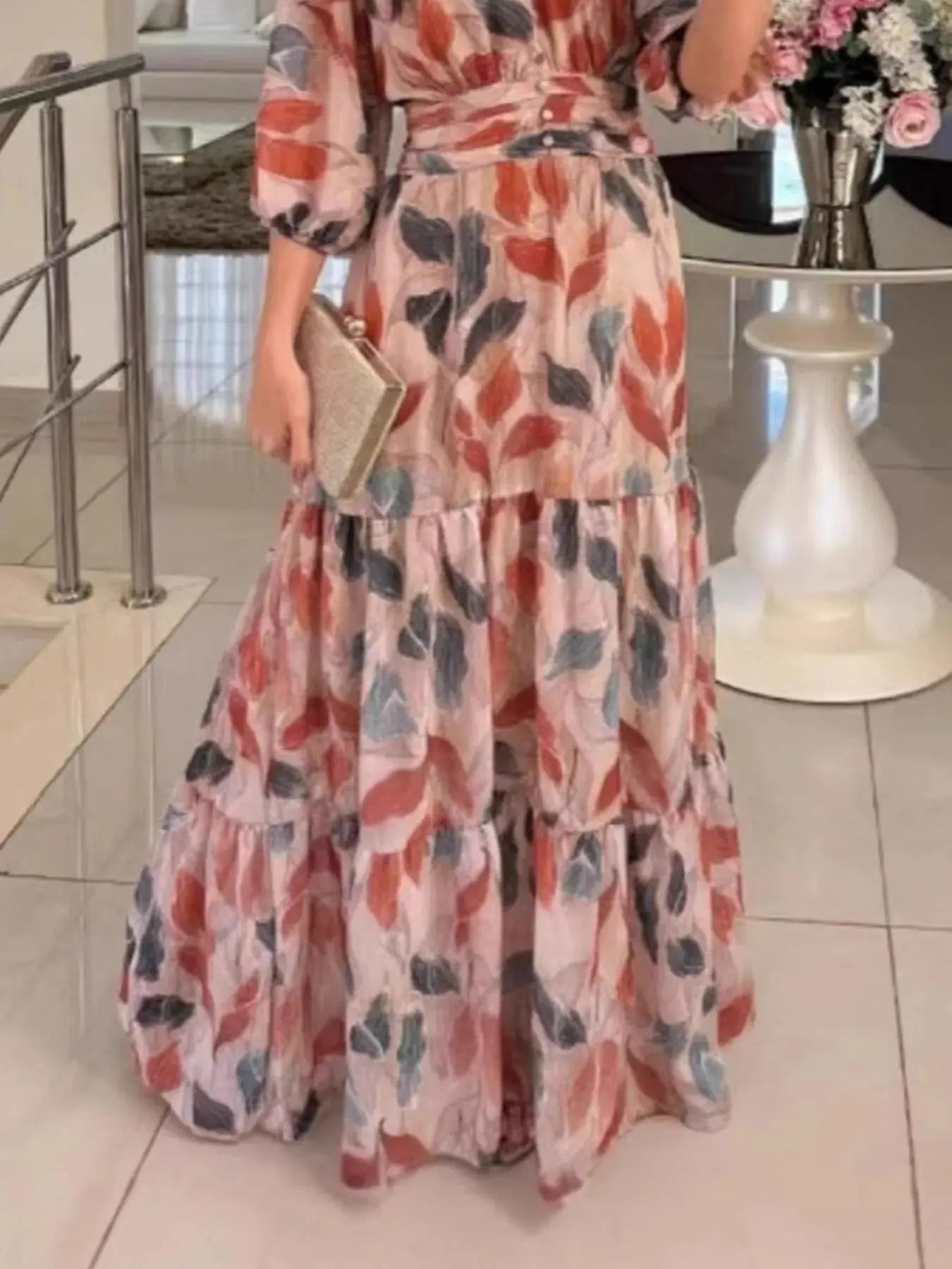 Full Size Printed V-Neck Maxi Dress with Tiered Hemline Plus Size.