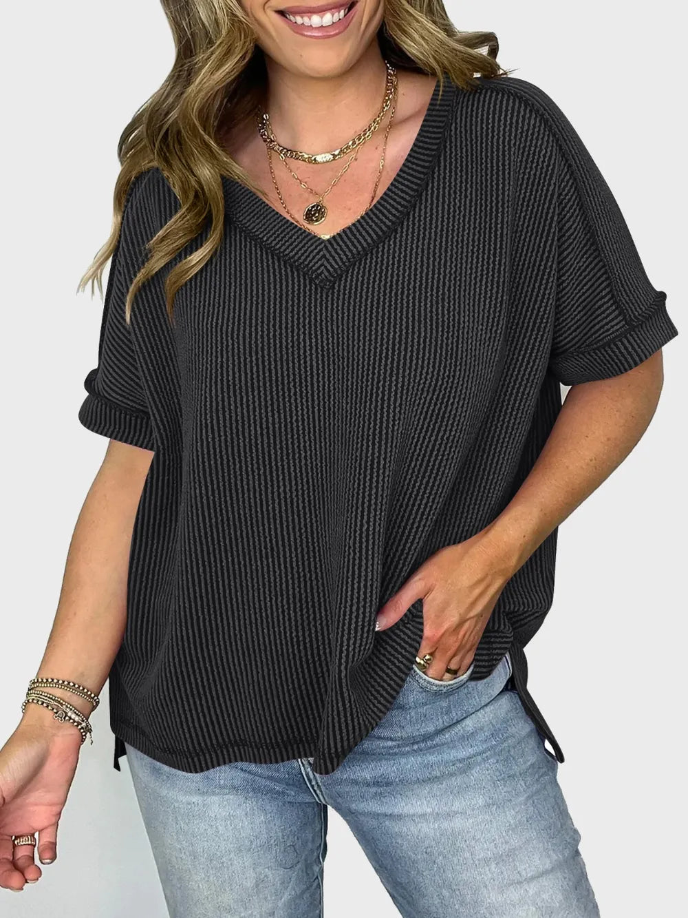 Lovelet Texture V-Neck Half Sleeve T-Shirt.