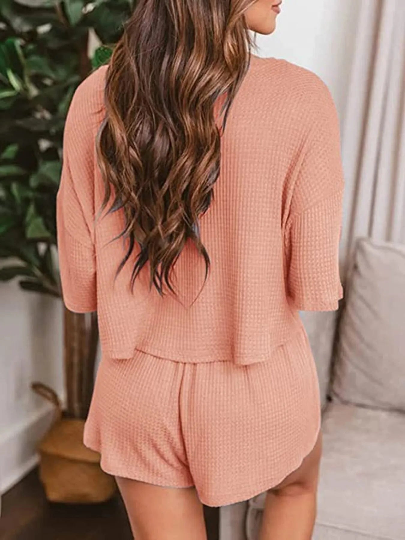 V-neck Knit Top and Shorts Lounge Set.