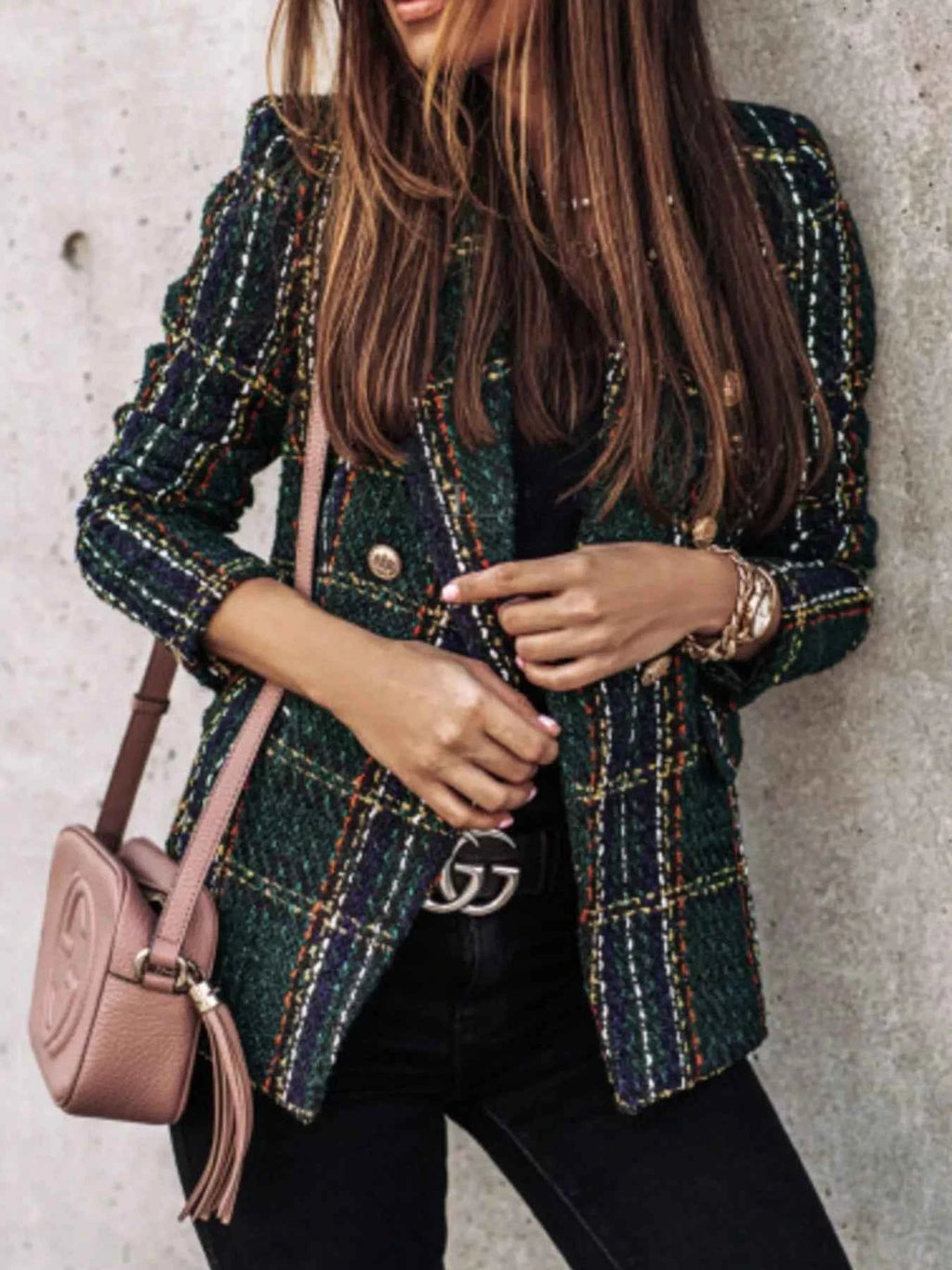 Full Size Plaid Tweed Double-Breasted Blazer Plus Size