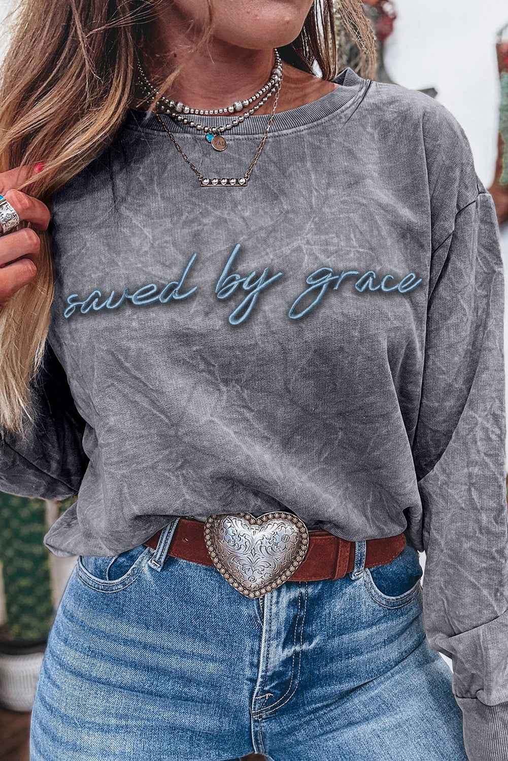 High-rise saved by grace Letter Embroidery Mineral Wash Loose Sweatshirt