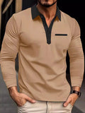 Men's Full Size Long Sleeve Contrast Collar Polo Shirt Plus Size.