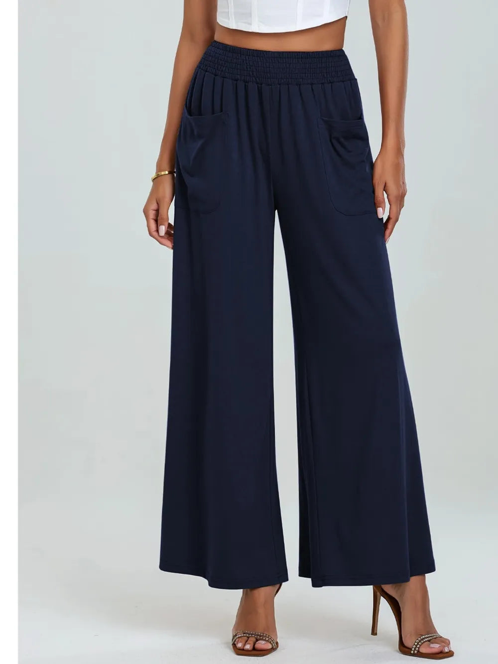 Pocketed Elastic Waist Wide Leg Pants.