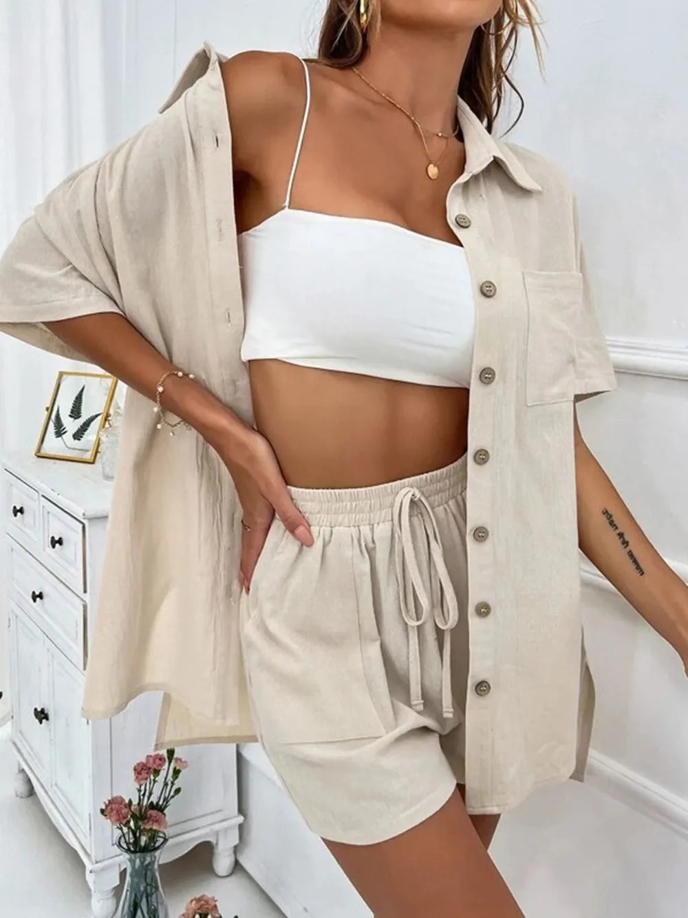 Button Up Shirt and Drawstring Shorts Set - CHIC TB