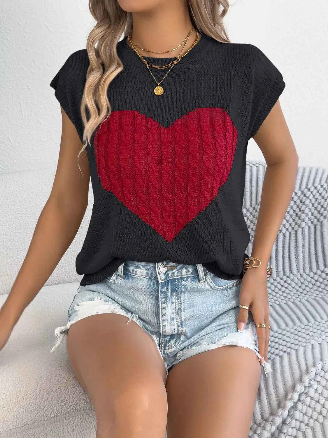 Cable Knit Heart Round Neck Cap Sleeve Knit Top.