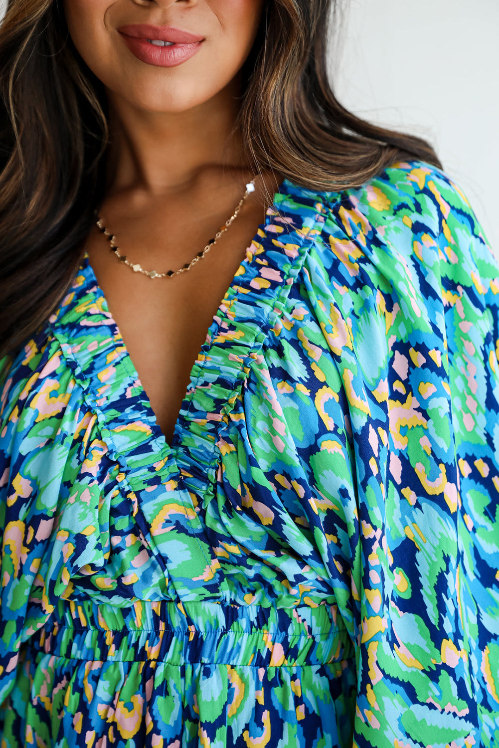 Green Abstract Print Puff Sleeve V Neck High Waist Romper Dear-Lover Dropshipping