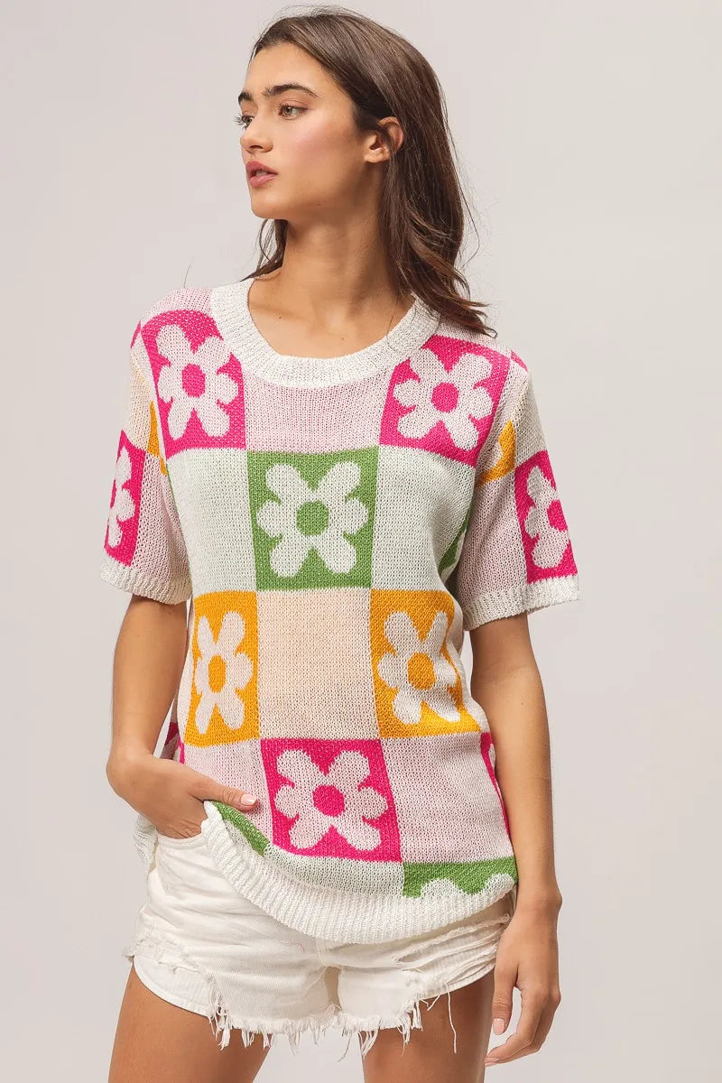 Flower Checker Pattern Lightweight Sweater Top.