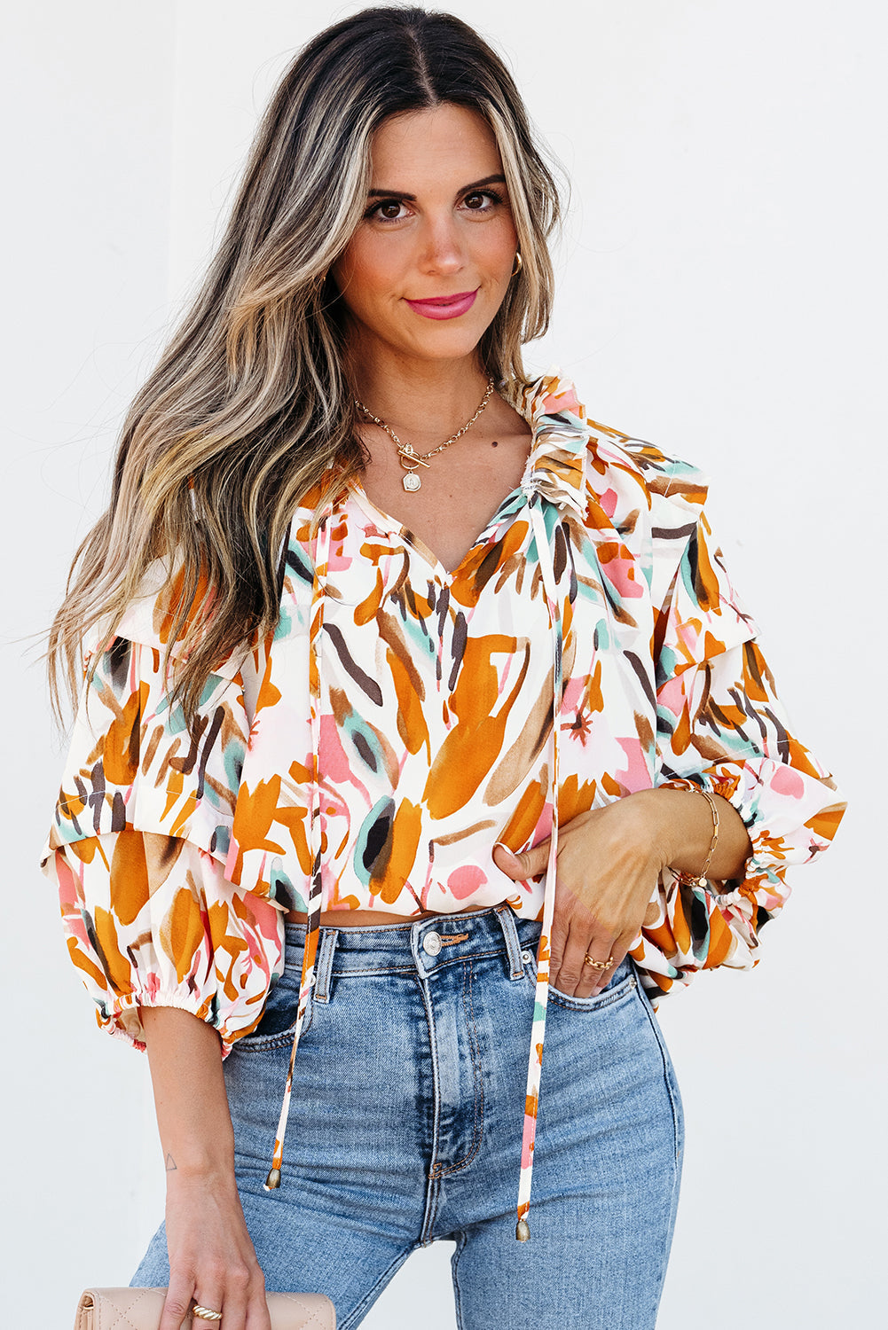 Yellow Abstract Print Drawstring Frilled V Neck 3/4 Sleeve Blouse Dear-Lover Dropshipping