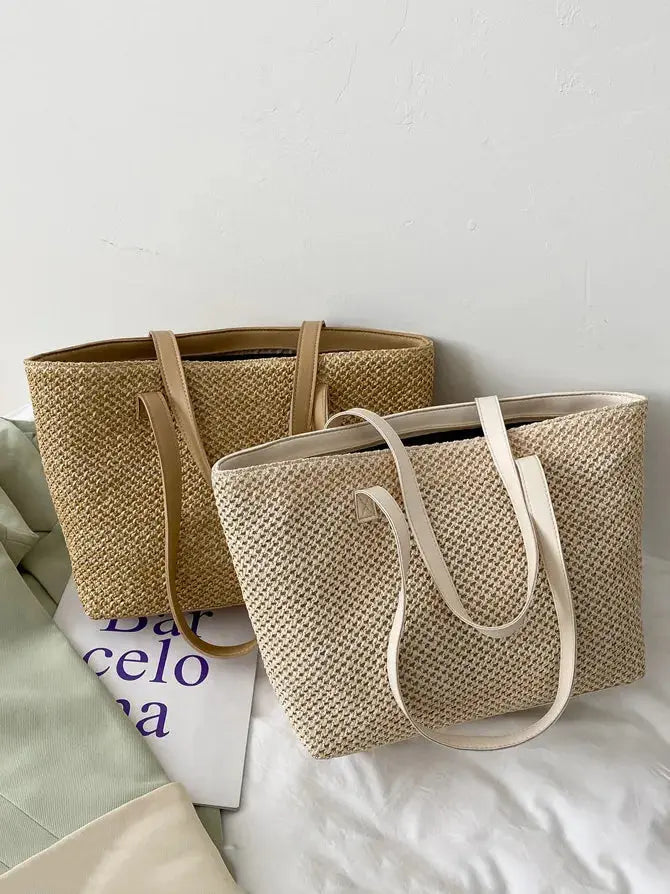 Solid Color Woven Tote Bag.