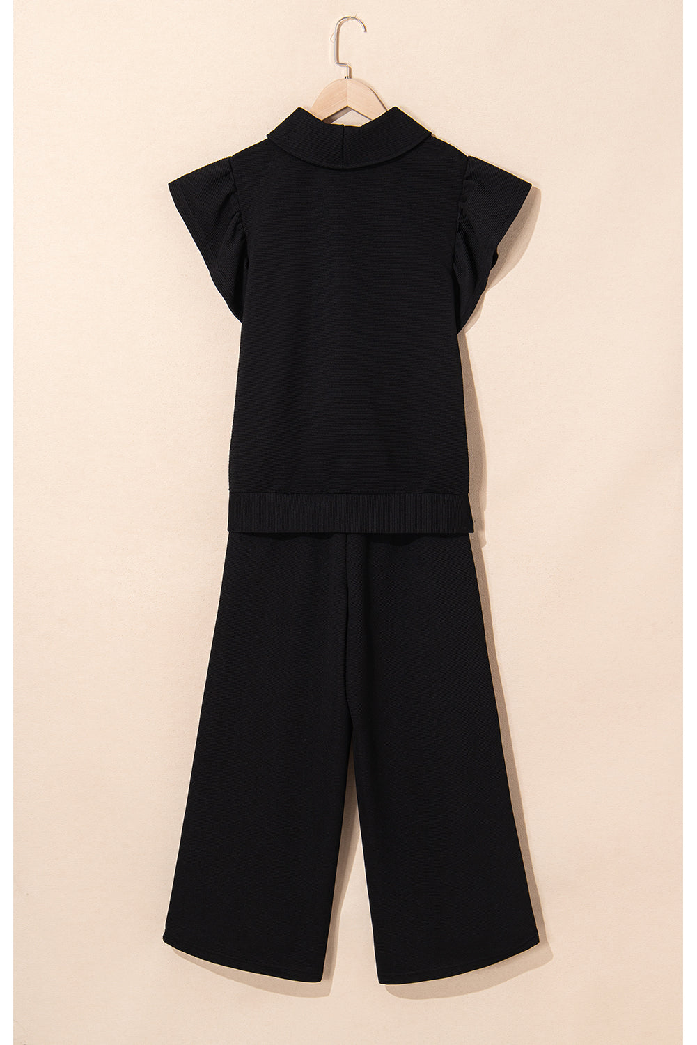 Black Textured Ruffled Sleeve Zipped Top and Wide Leg Pants Set Dear-Lover Dropshipping