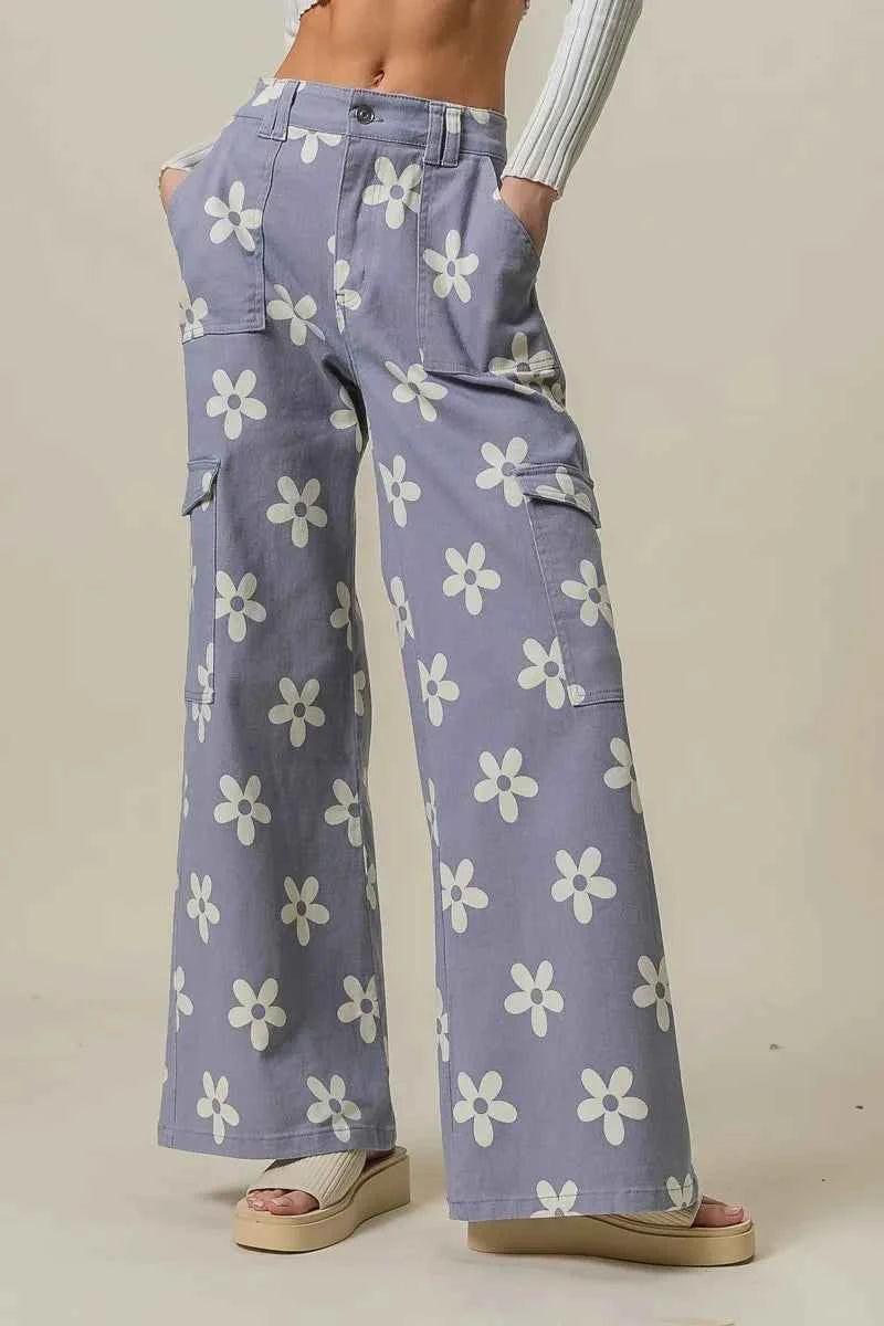 BiBi Flower Printed Side Pocket Wide Pants