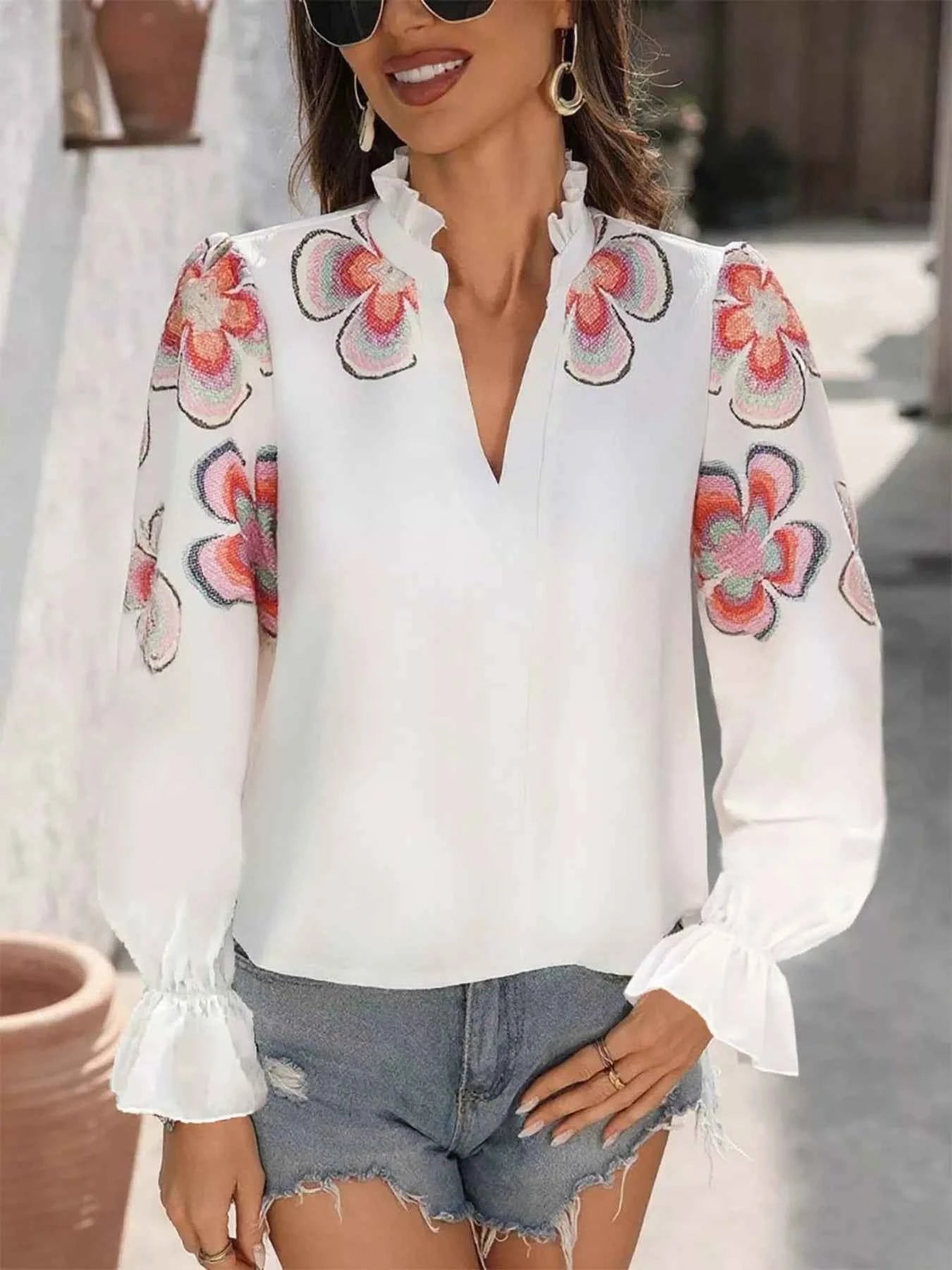 Floral Embroidered Notched Long Sleeve Blouse