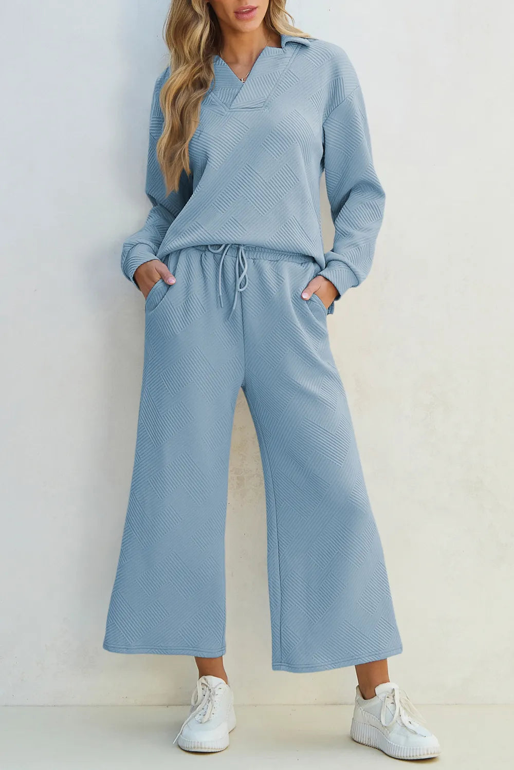 Textured Collared Neck Top and Wide Leg Pants Set.