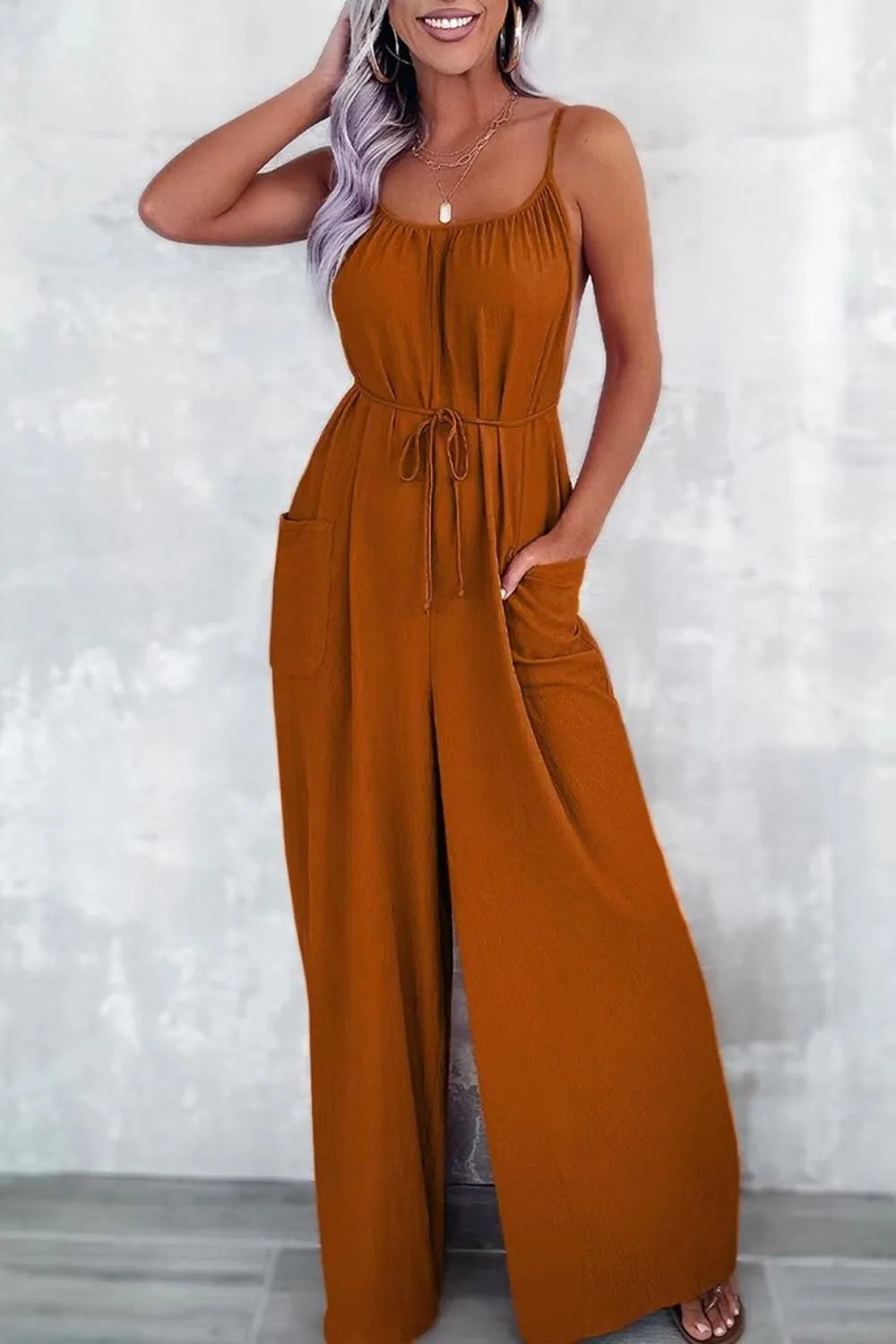 Strap Wide Leg Jumpsuit with Pockets.
