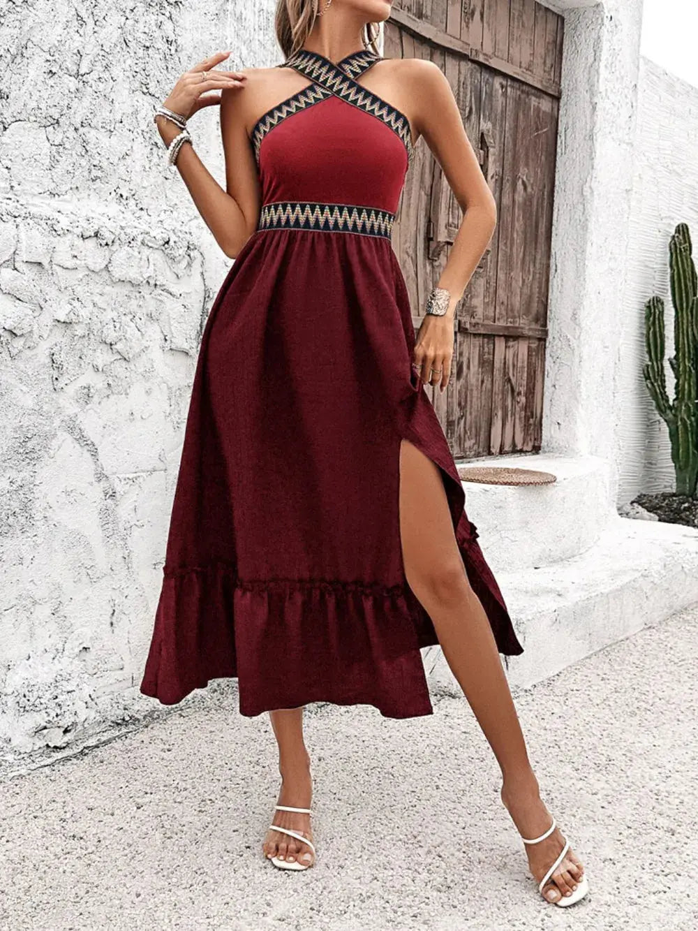 Devine Ruffled Slit Sleeveless Midi Dress.