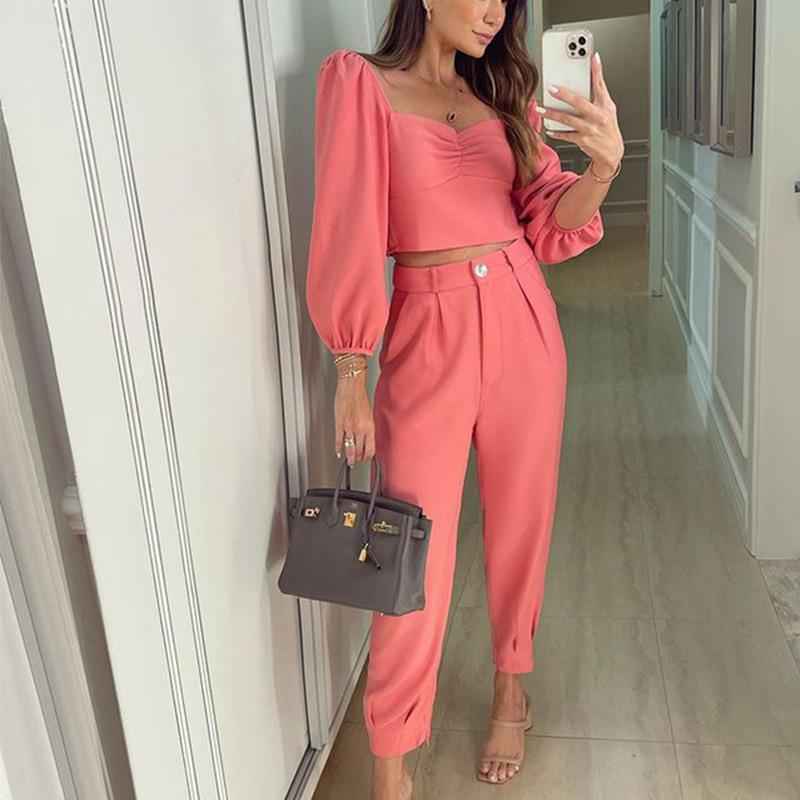 New Autumn And Winter Square Collar Slim Short Top Loose Solid Color Casual Trousers Two-Piece Set For Women