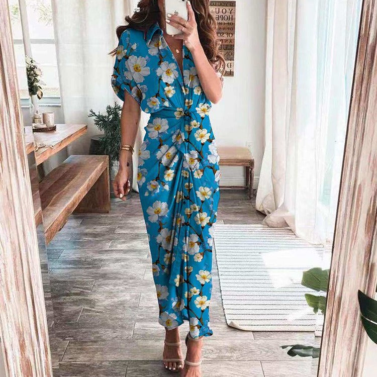 Autumn new short sleeved temperament commuting high waisted printed long dress