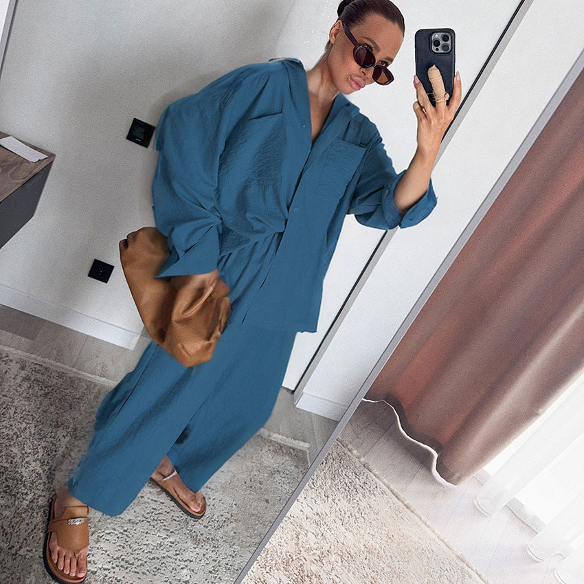Lapel Long Sleeve Shirt Wide Leg Pants Set Design Sense Temperament Casual Two-Piece Suit