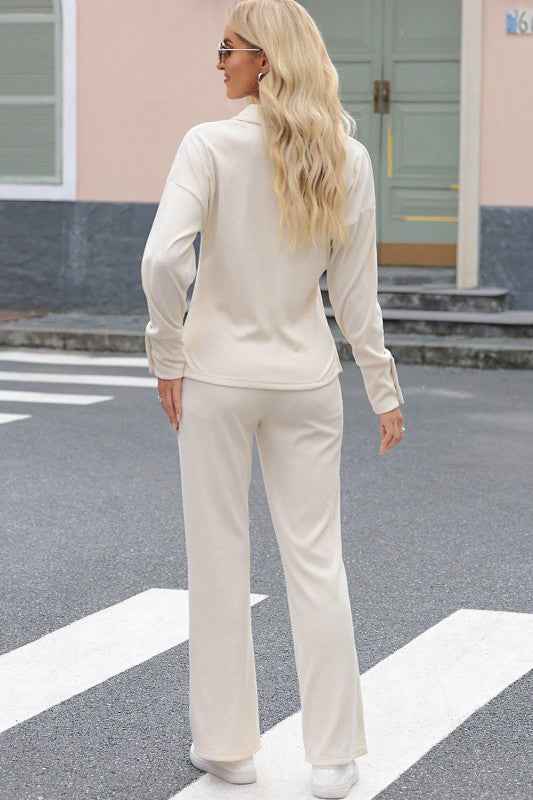 Solid Collared Pullover and Pants Set