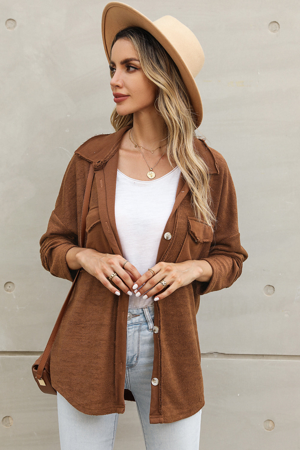 Brown Contrast Flap Pockets Relaxed Shacket Dear-Lover Dropshipping