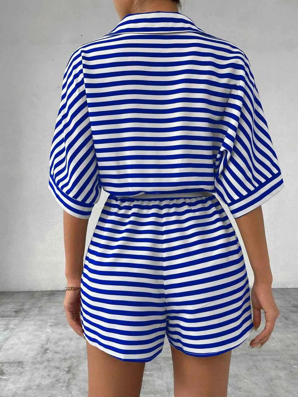 Tie Waist Half Button Striped Romper