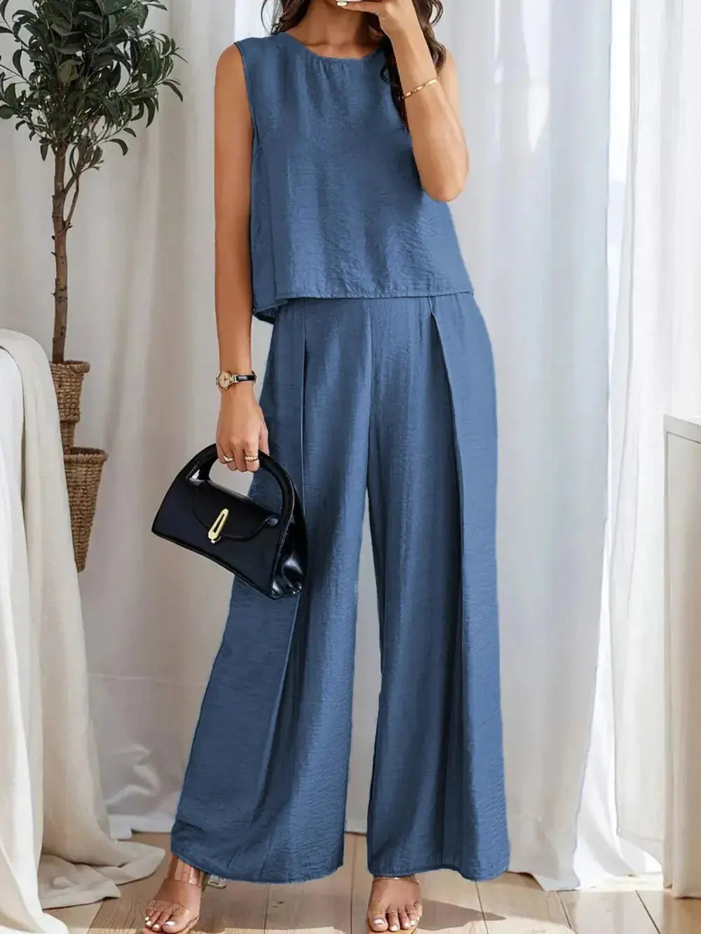 Round Neck Sleeveless Top and Wide Leg Pants Set.