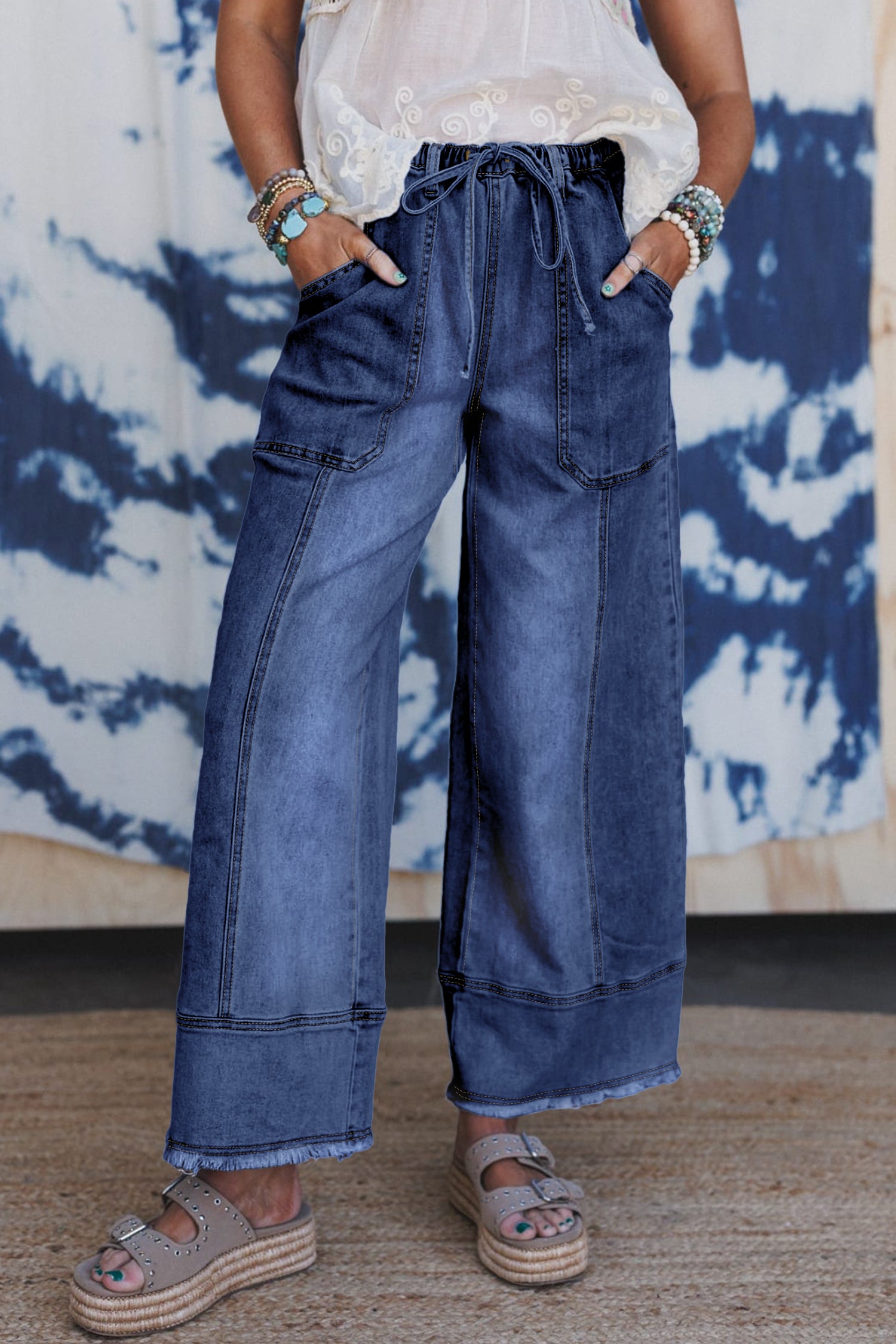Prussian Blue Drawstring Seam Detail Raw Hem Wide Leg Denim Pants Dear-Lover Dropshipping