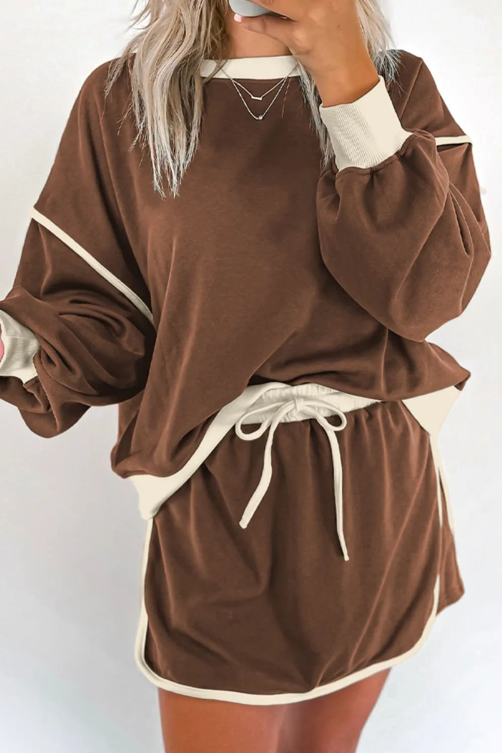 Contrast Trim Round Neck Top and Skort Set.