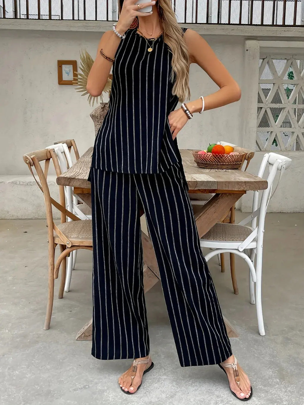 Striped Sleeveless Top and Pants Two-Piece Set.