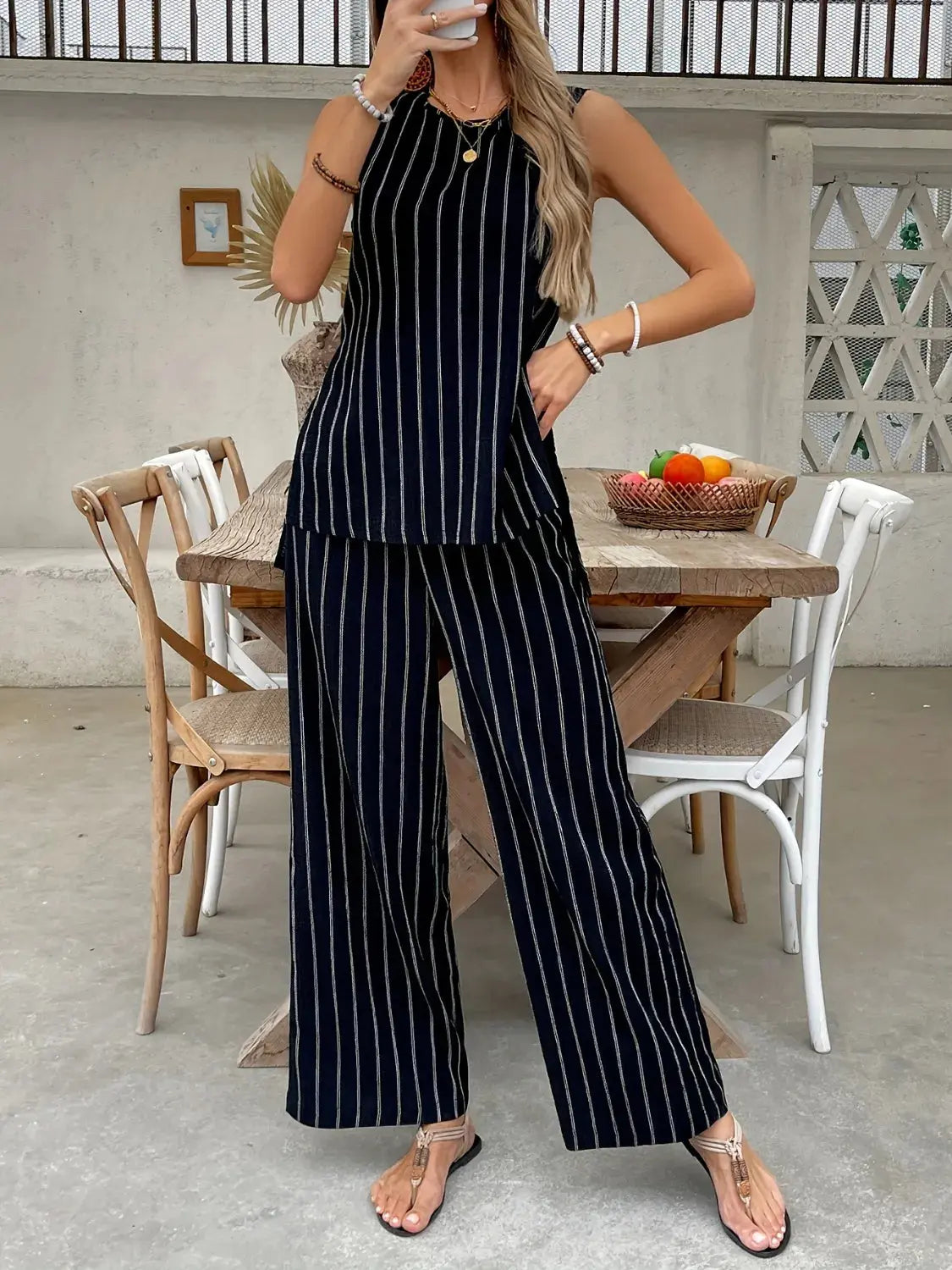 Striped Sleeveless Top and Pants Two-Piece Set.