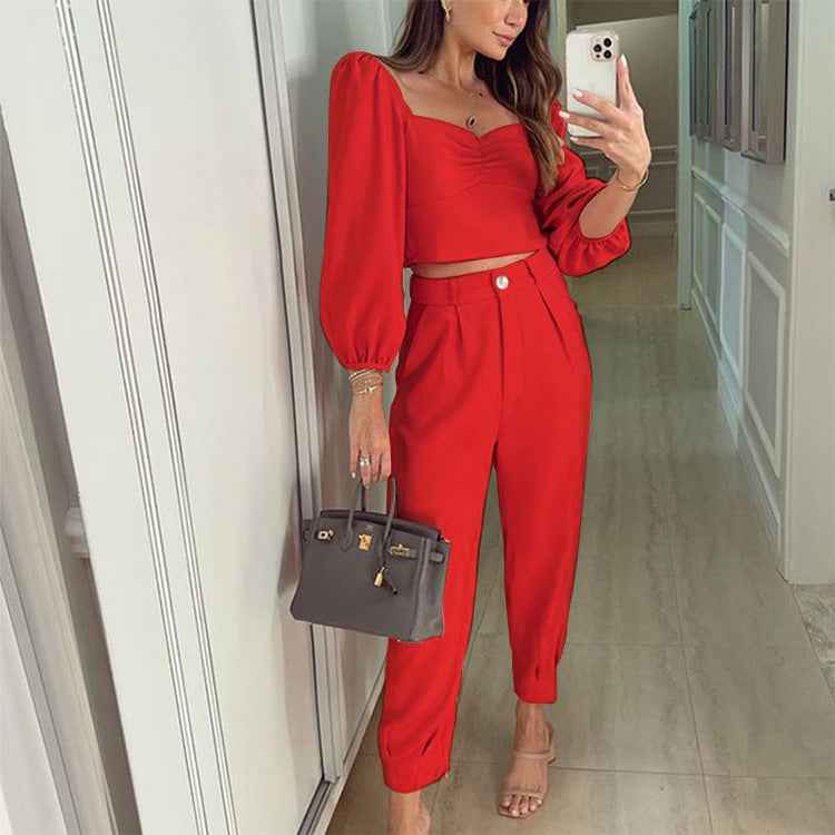 New Autumn And Winter Square Collar Slim Short Top Loose Solid Color Casual Trousers Two-Piece Set For Women