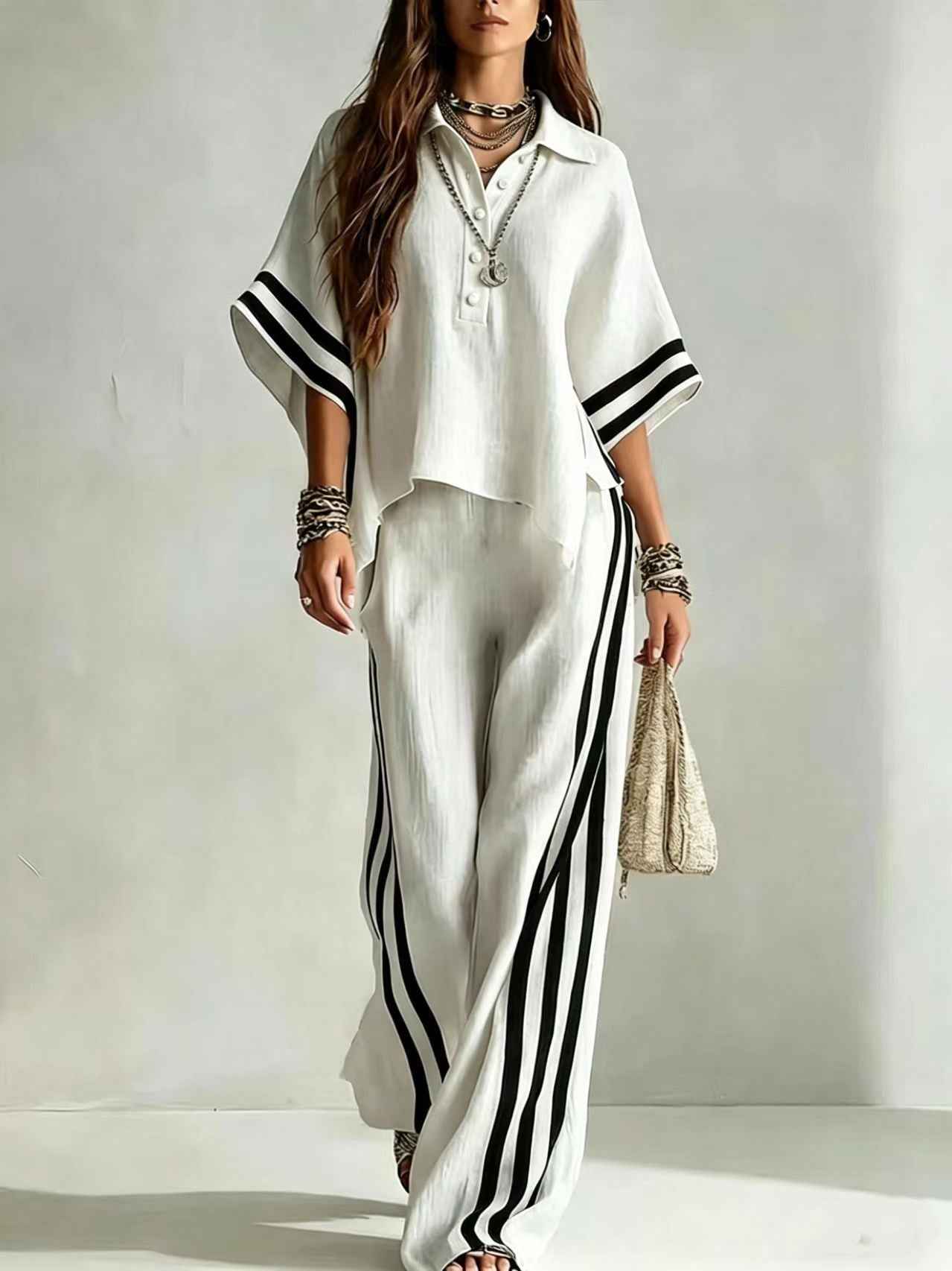Womens Clothing Short-Sleeve Shirt And Loose Pants Two-Piece Set