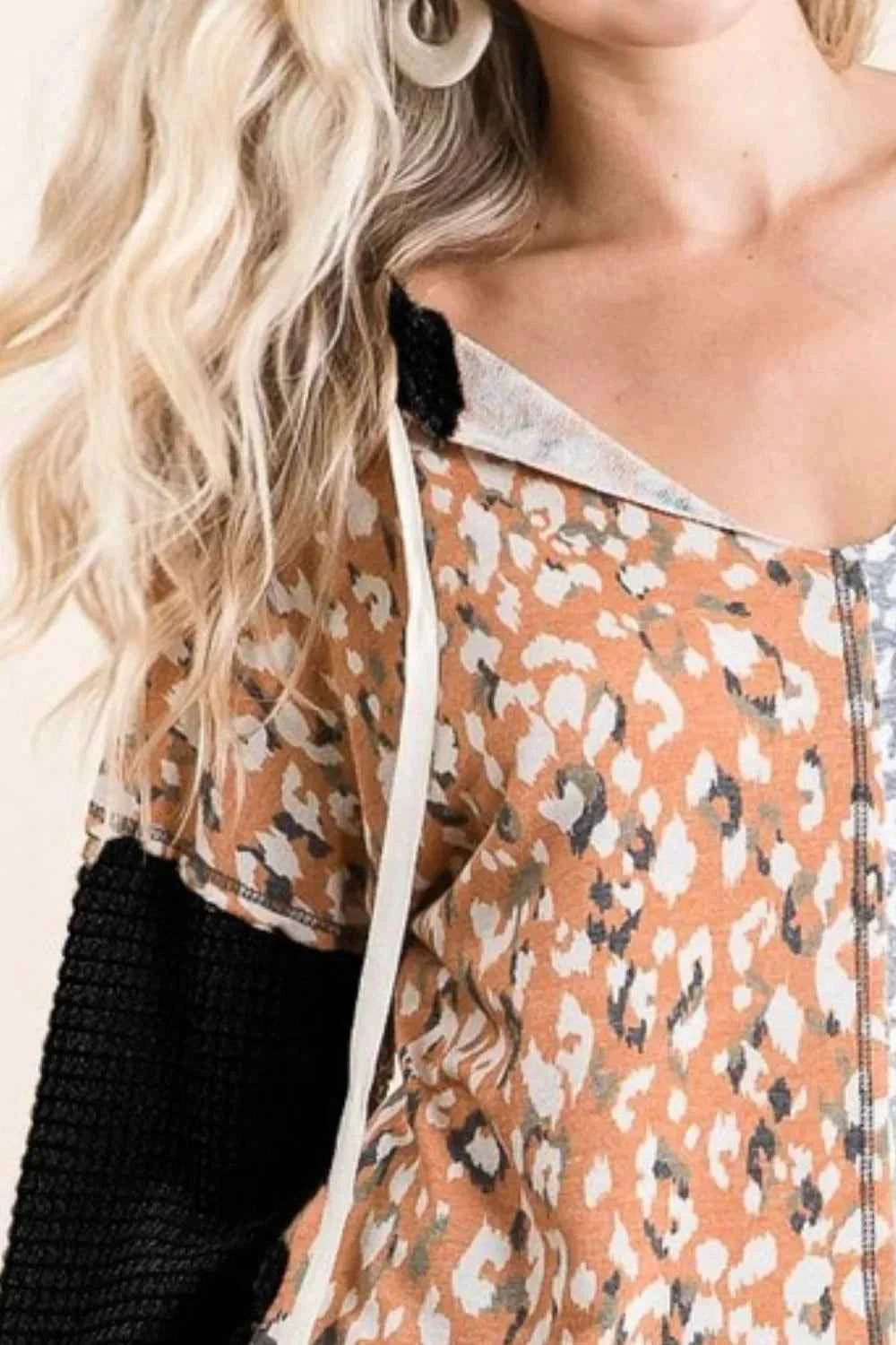 BiBi Popcorn Waffle Knit Hoodie with Print Block Front