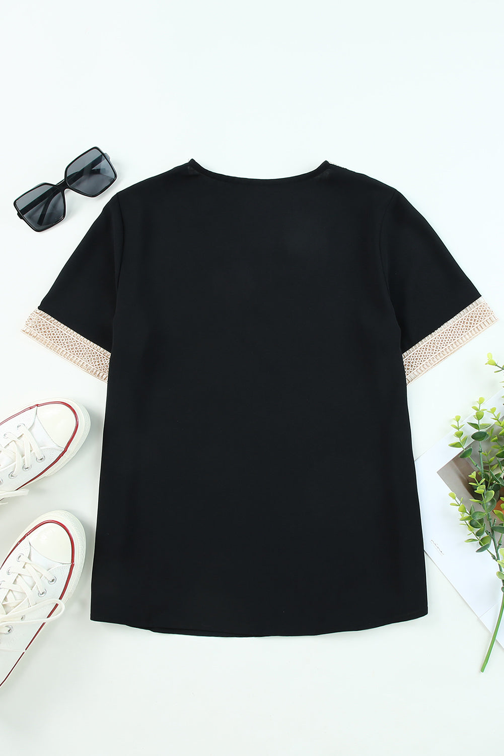 Black Lace Trim V Neck Short Sleeve Blouse Dear-Lover Dropshipping